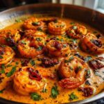 Close-up of plump shrimp simmering in a rich, orange, creamy sauce with sun-dried tomatoes and fresh parsley, ready for One-Pan Creamy Sun-Dried Tomato Shrimp.