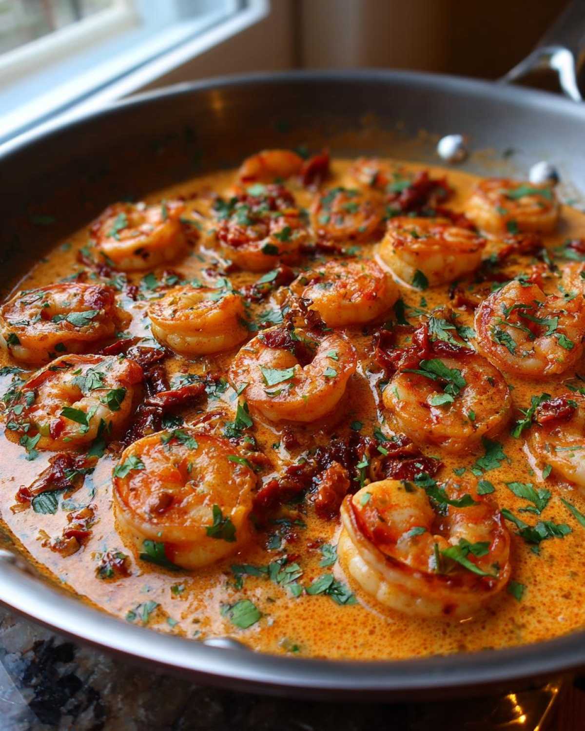 Close-up of plump shrimp simmering in a rich, creamy sun-dried tomato sauce, garnished with fresh parsley.