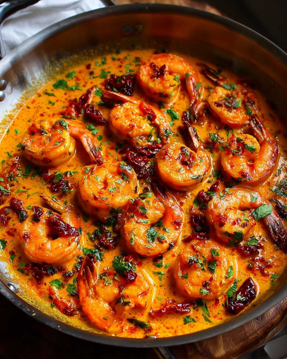 Close-up of One-Pan Creamy Sun-Dried Tomato Shrimp simmering in a rich, orange sauce with herbs.