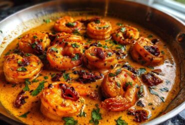 Close-up of plump shrimp simmering in a rich, orange, creamy sauce with sun-dried tomatoes and fresh parsley, ready for One-Pan Creamy Sun-Dried Tomato Shrimp.