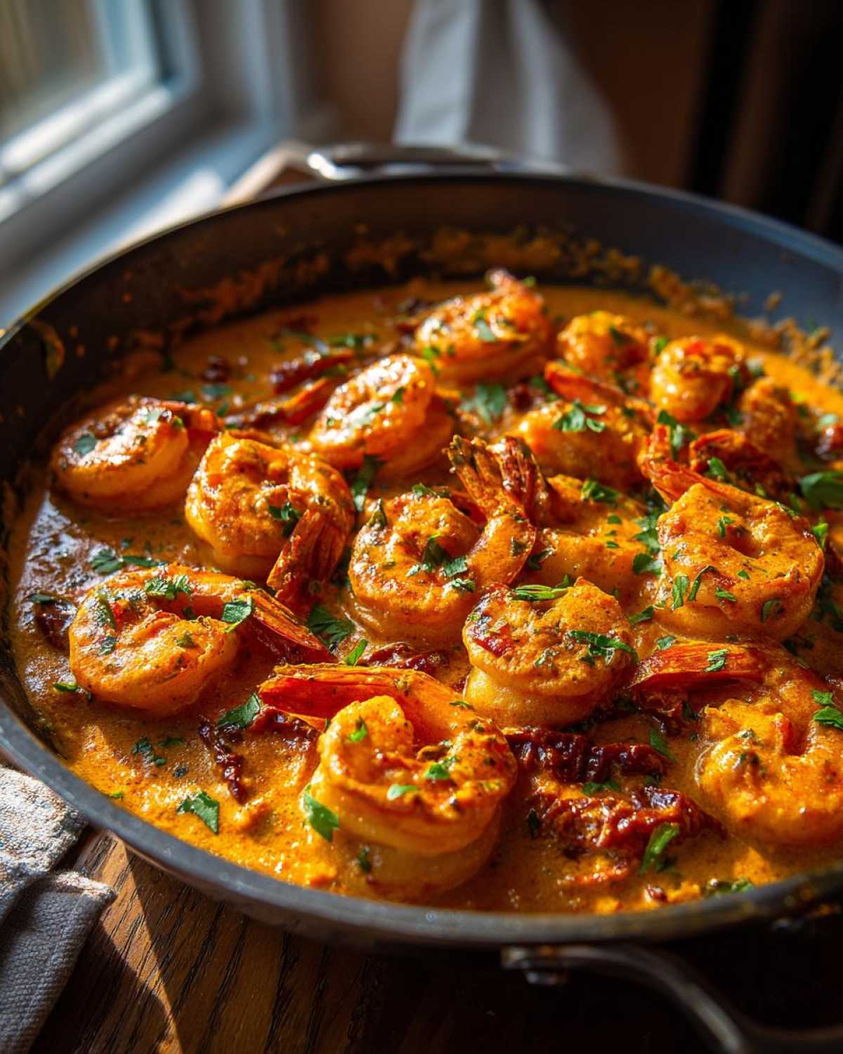 Close-up of One-Pan Creamy Sun-Dried Tomato Shrimp cooked in a dark skillet, garnished with parsley.