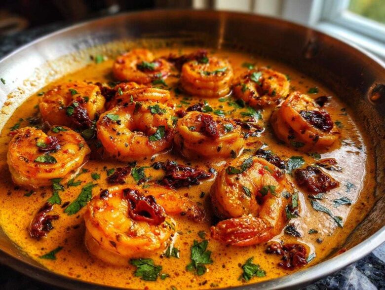 Close-up of plump shrimp simmering in a rich, orange, creamy sauce with sun-dried tomatoes and fresh parsley, ready for One-Pan Creamy Sun-Dried Tomato Shrimp.