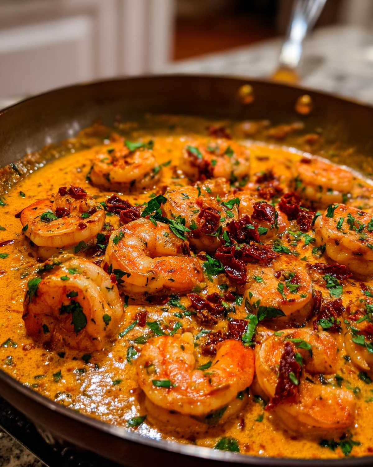 Close-up of One-Pan Creamy Sun-Dried Tomato Shrimp simmering in a rich, orange sauce, garnished with parsley.