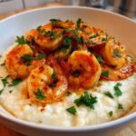 A close-up of One-Pot Creamy Cajun Shrimp and Grits served in a white bowl, topped with fresh parsley.