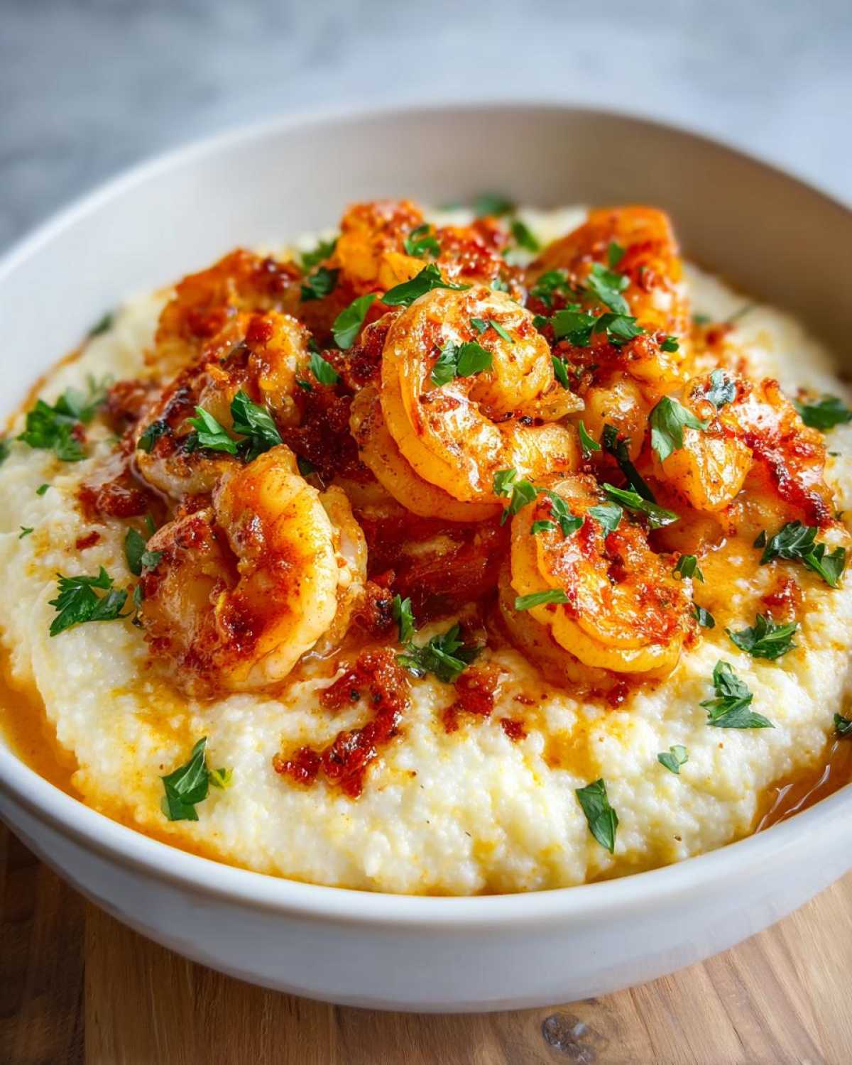 A close-up of One-Pot Creamy Cajun Shrimp and Grits, featuring seasoned shrimp over creamy white grits, garnished with parsley.