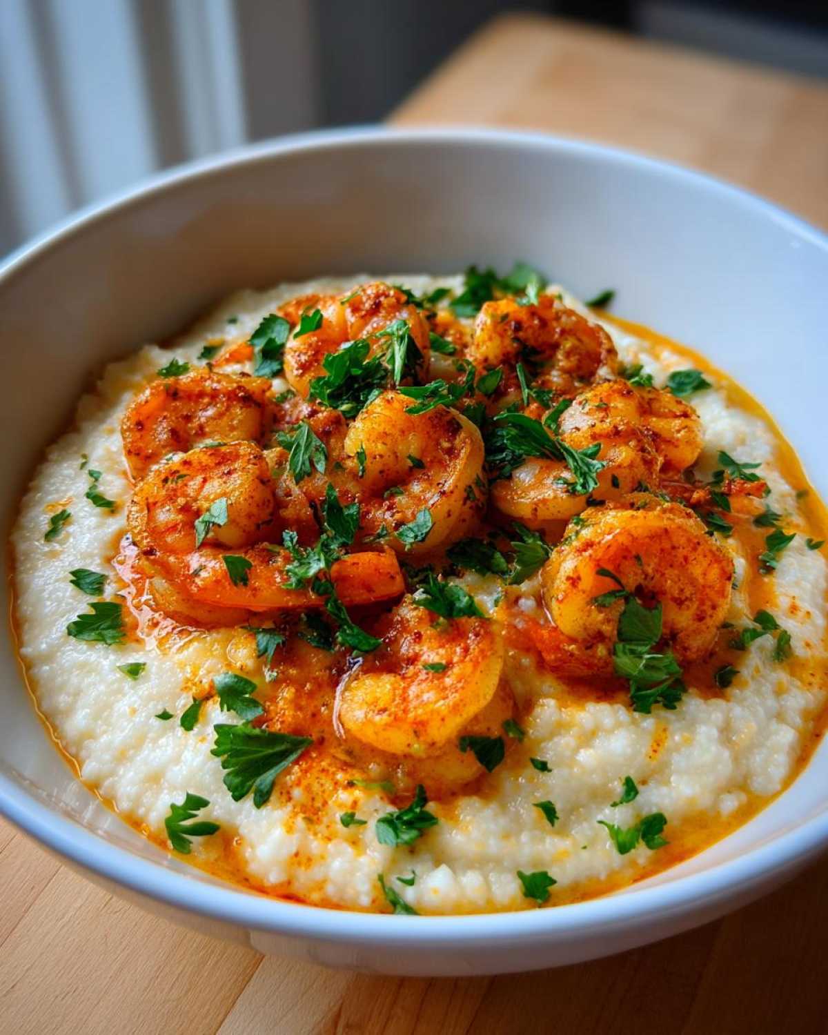 A white bowl filled with creamy grits topped with seasoned Cajun shrimp and fresh parsley garnish.