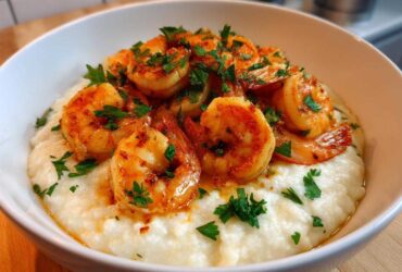 A close-up of One-Pot Creamy Cajun Shrimp and Grits served in a white bowl, topped with fresh parsley.