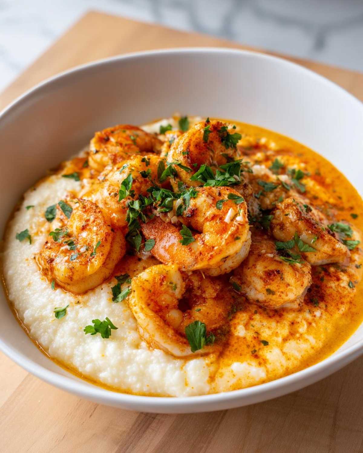 A close-up of One-Pot Creamy Cajun Shrimp and Grits served in a white bowl, topped with fresh parsley.