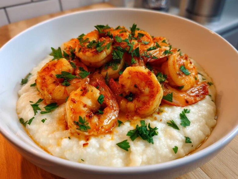 A close-up of One-Pot Creamy Cajun Shrimp and Grits served in a white bowl, topped with fresh parsley.