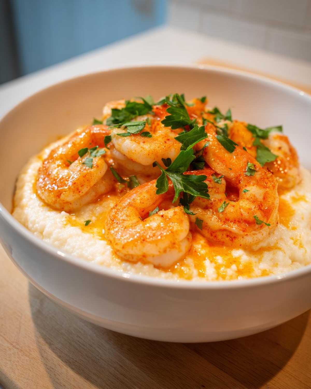 Close-up of One-Pot Creamy Cajun Shrimp and Grits topped with fresh parsley.