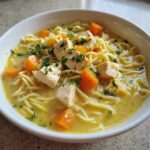 A close-up of a white bowl filled with One-Pot Creamy Lemon Chicken Noodle Soup, showing noodles, chicken chunks, carrots, and parsley.