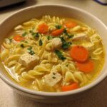 Close-up of a white bowl filled with One-Pot Creamy Lemon Chicken Noodle Soup, featuring egg noodles, chicken chunks, and sliced carrots.