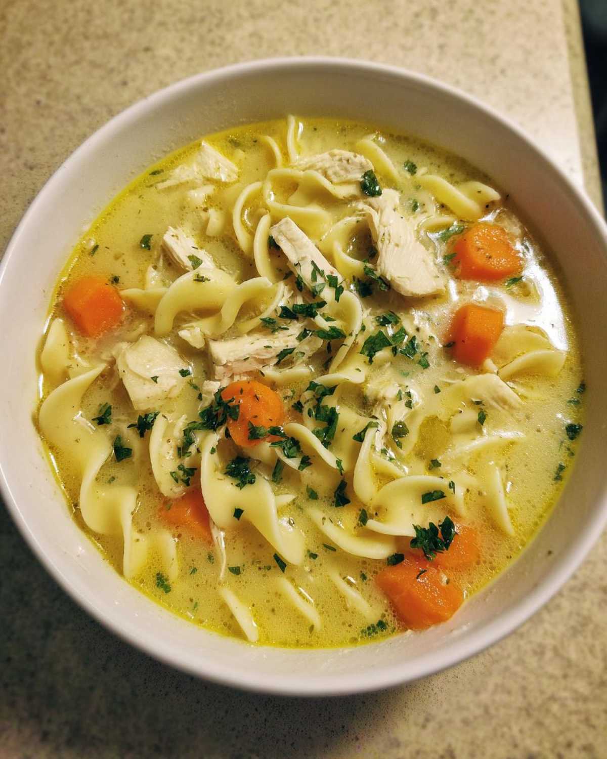 Close-up of a white bowl filled with One-Pot Creamy Lemon Chicken Noodle Soup, featuring egg noodles, shredded chicken, carrots, and parsley.