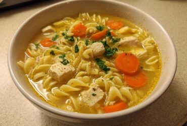 Close-up of a white bowl filled with One-Pot Creamy Lemon Chicken Noodle Soup, featuring egg noodles, chicken chunks, and sliced carrots.