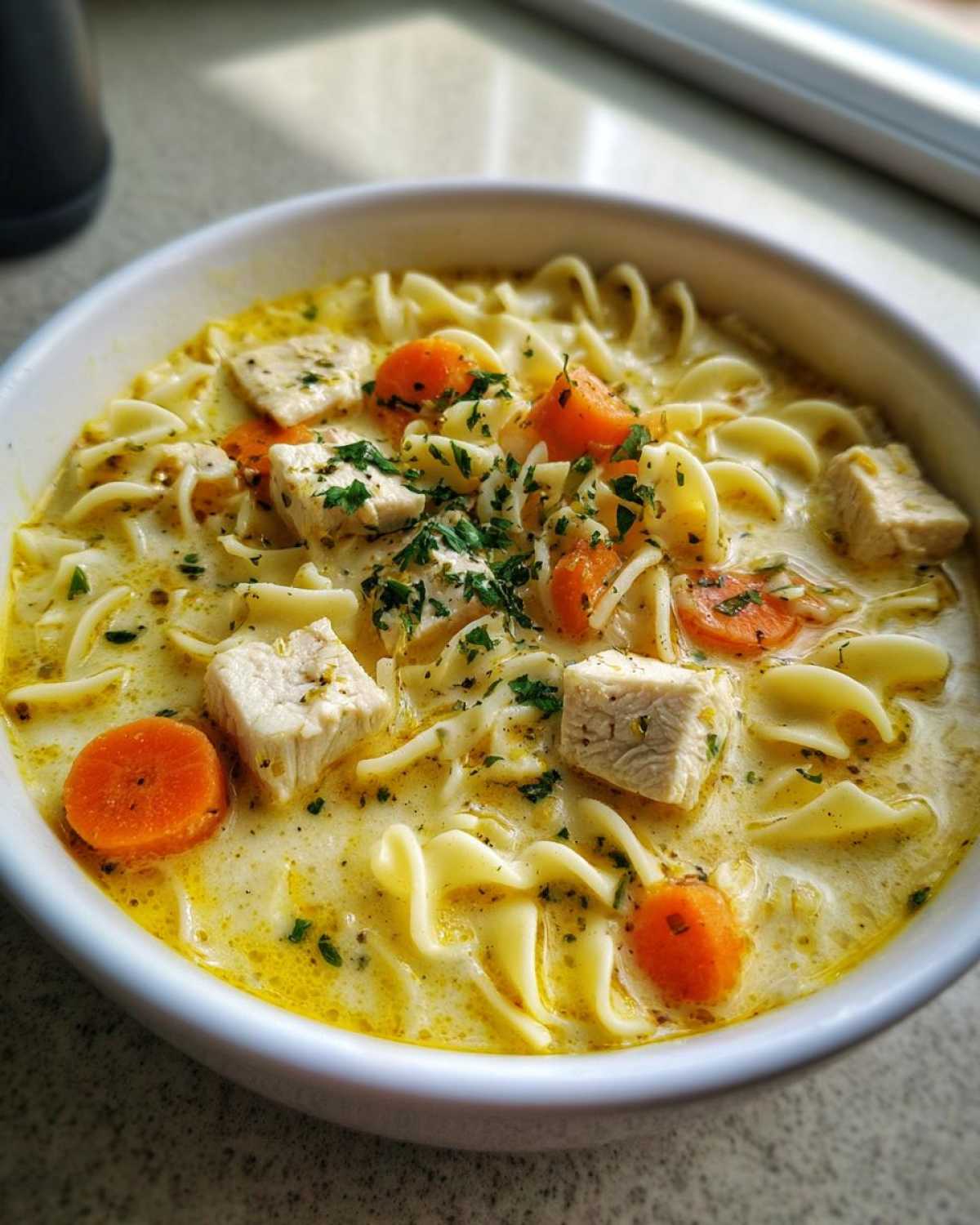 A close-up view of a white bowl filled with One-Pot Creamy Lemon Chicken Noodle Soup, featuring egg noodles, chicken chunks, and sliced carrots.