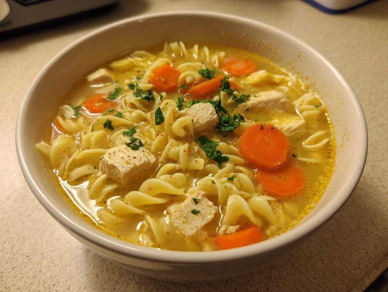 Close-up of a white bowl filled with One-Pot Creamy Lemon Chicken Noodle Soup, featuring egg noodles, chicken chunks, and sliced carrots.