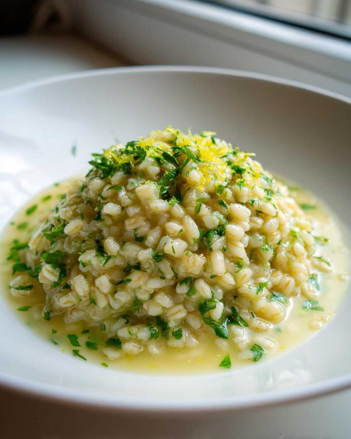 A close-up serving of One-Pot Creamy Lemon Garlic Farro, topped with fresh parsley and lemon zest.