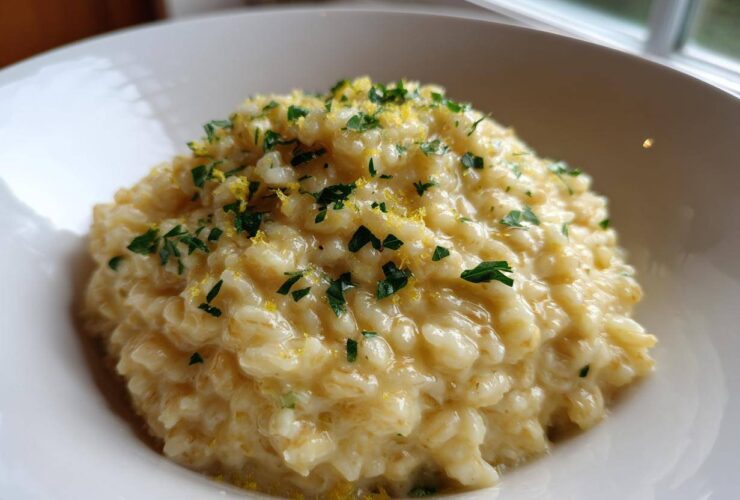 Close-up of creamy One-Pot Creamy Lemon Garlic Farro topped with fresh parsley and lemon zest.