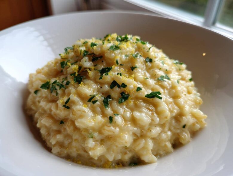Close-up of creamy One-Pot Creamy Lemon Garlic Farro topped with fresh parsley and lemon zest.