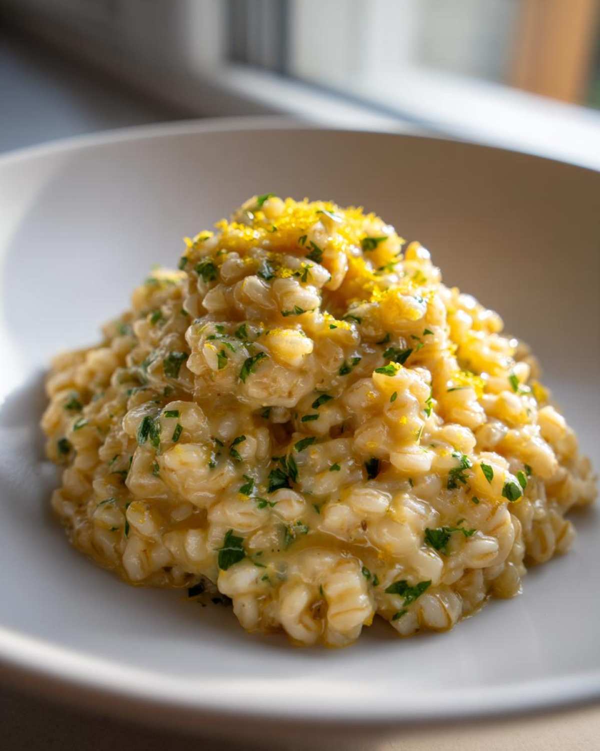 A close-up of One-Pot Creamy Lemon Garlic Farro topped with bright yellow zest and fresh parsley.
