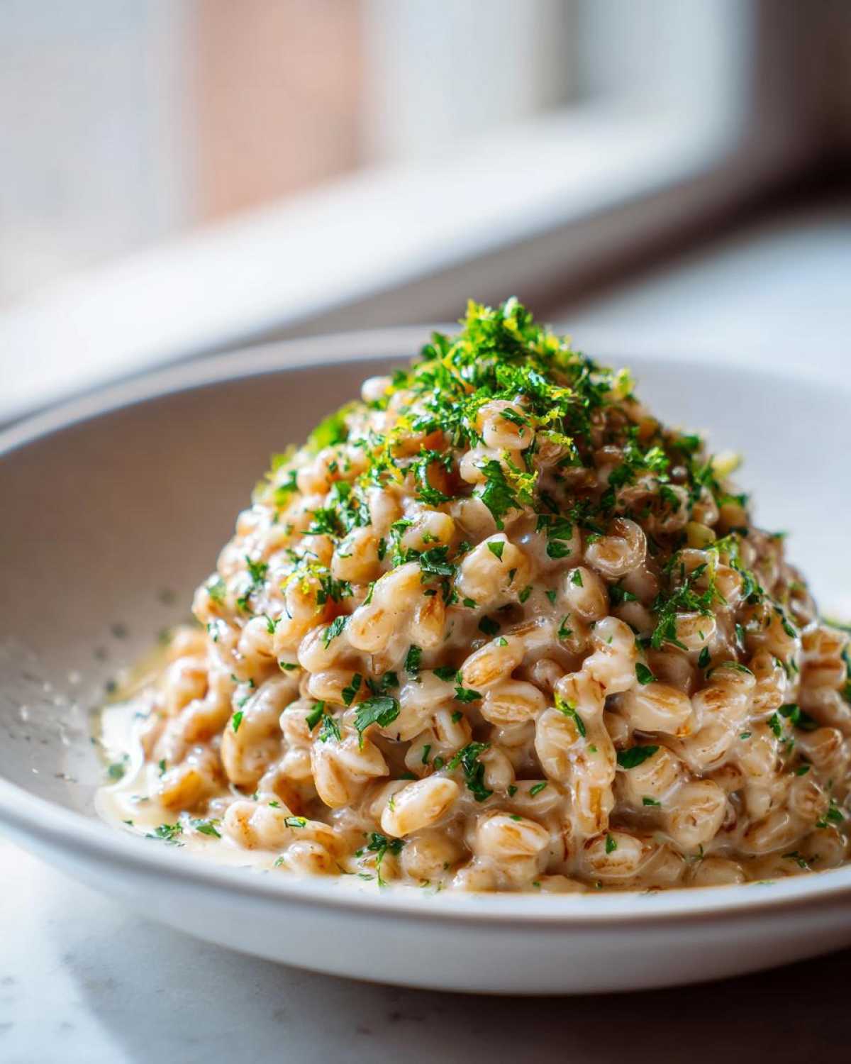 Close-up of One-Pot Creamy Lemon Garlic Farro piled high and topped with fresh parsley.