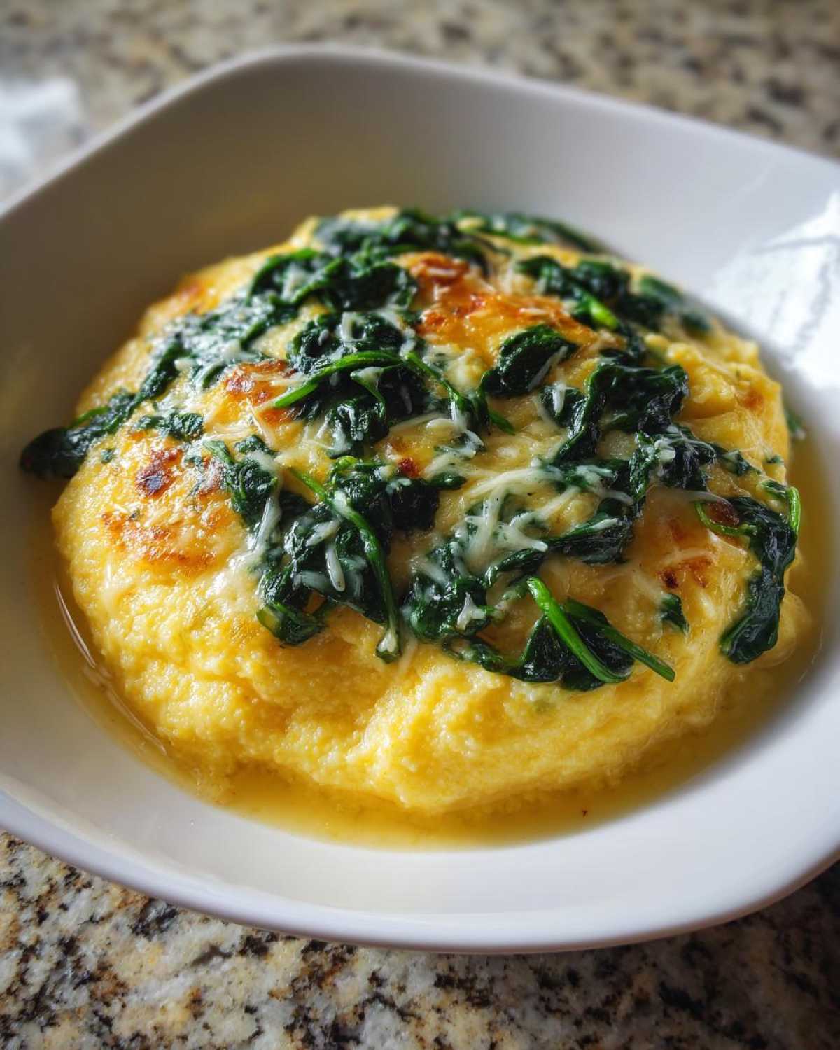A close-up of a serving of One-Pot Creamy Spinach Parmesan Polenta topped with wilted spinach and melted cheese in a white bowl.