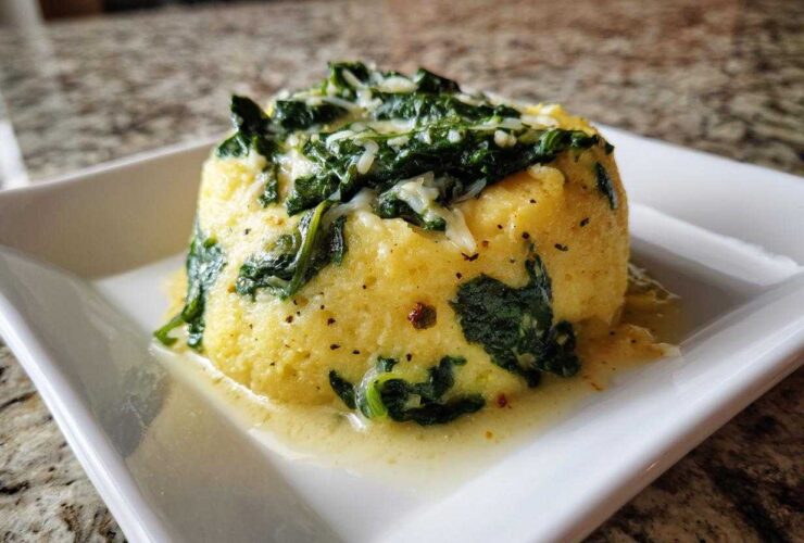 A molded serving of One-Pot Creamy Spinach Parmesan Polenta topped with wilted spinach and grated cheese.