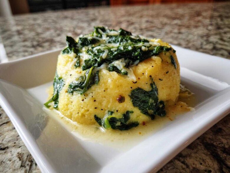 A molded serving of One-Pot Creamy Spinach Parmesan Polenta topped with wilted spinach and grated cheese.