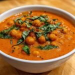 Close-up of a bowl of One-Pot Creamy Tomato Basil Chickpea Stew, topped with fresh basil leaves.