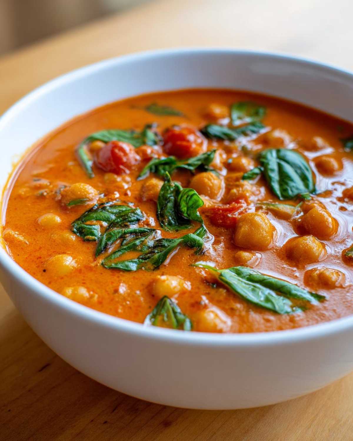 Close-up of One-Pot Creamy Tomato Basil Chickpea Stew with chickpeas, tomatoes, and fresh basil leaves.