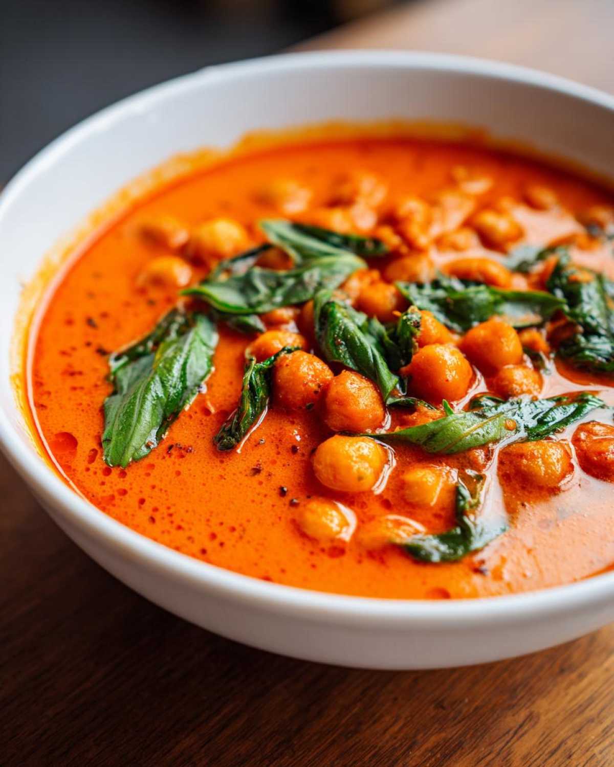 A close-up view of a white bowl filled with vibrant One-Pot Creamy Tomato Basil Chickpea Stew, topped with fresh basil leaves.