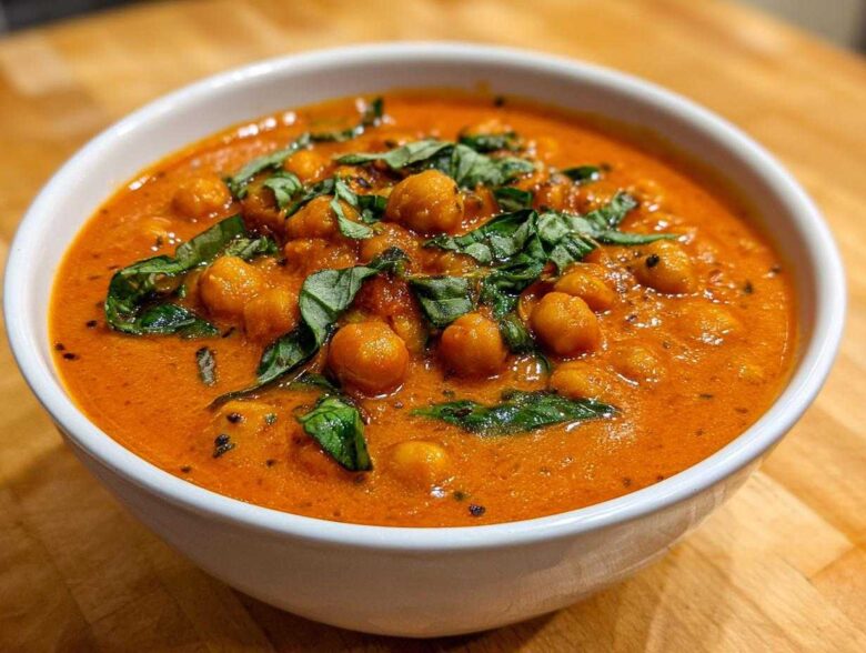 Close-up of a bowl of One-Pot Creamy Tomato Basil Chickpea Stew, topped with fresh basil leaves.