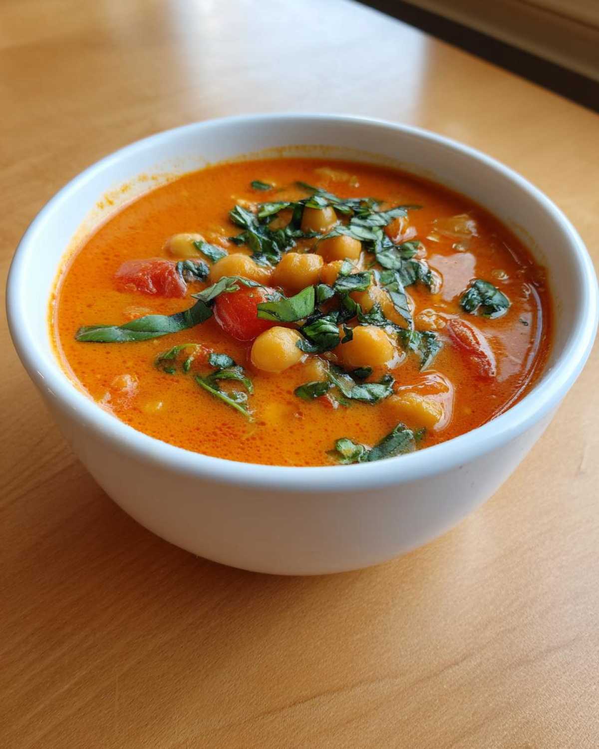 Close-up of a white bowl filled with One-Pot Creamy Tomato Basil Chickpea Stew, garnished with fresh basil.