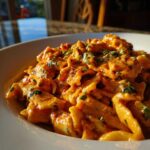 Close-up of One-Pot Creamy Tomato Basil Tortilla Pasta coated in a rich orange sauce and topped with fresh basil.
