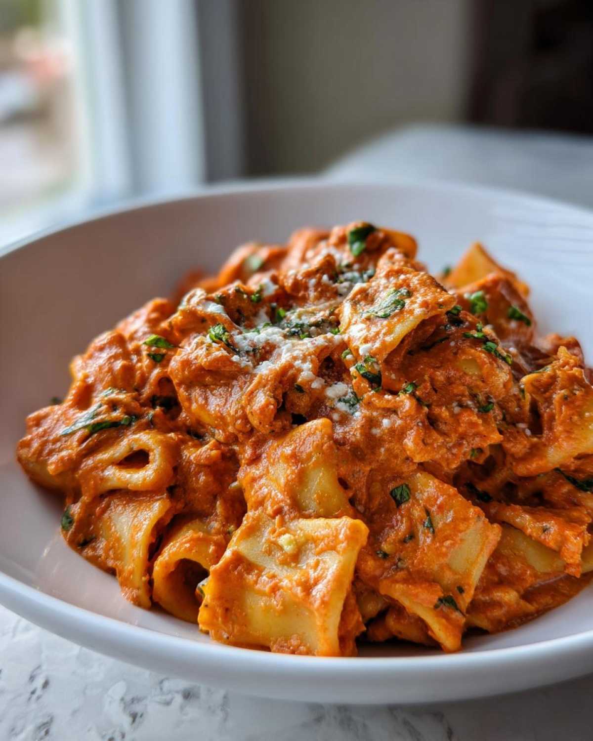 A close-up of a bowl filled with One-Pot Creamy Tomato Basil Tortilla Pasta, topped with grated cheese and fresh herbs.