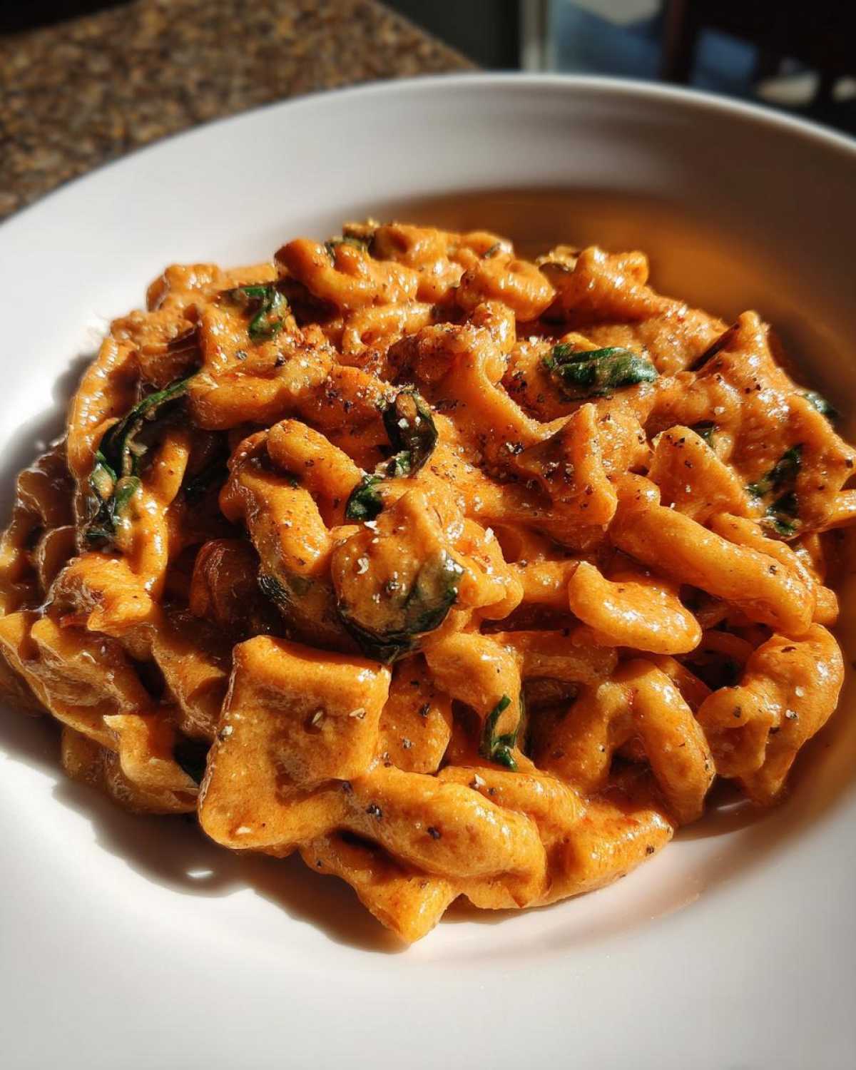 Close-up of One-Pot Creamy Tomato Basil Tortilla Pasta coated in a rich, orange sauce with visible basil leaves and black pepper.