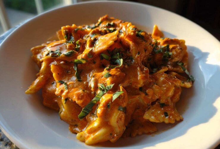 Close-up of One-Pot Creamy Tomato Basil Tortilla Pasta featuring farfalle pasta coated in a rich, orange sauce and topped with fresh basil.