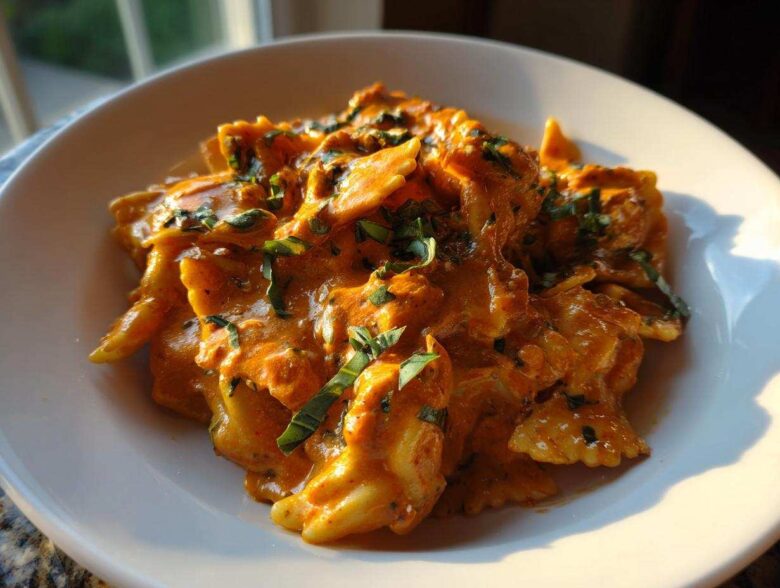 Close-up of One-Pot Creamy Tomato Basil Tortilla Pasta featuring farfalle pasta coated in a rich, orange sauce and topped with fresh basil.