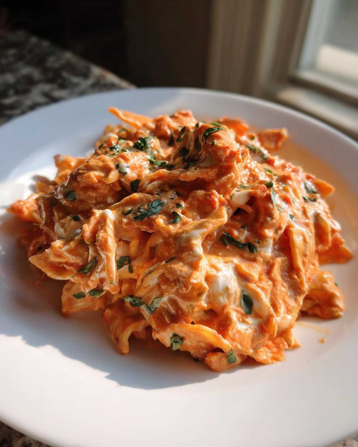 A close-up serving of One-Pot Creamy Tomato Basil Tortilla Pasta, coated in a rich orange sauce and topped with fresh green herbs.