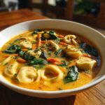 A close-up of a white bowl filled with One-Pot Creamy Tortellini Minestrone soup, featuring tortellini, spinach, and carrots in a rich broth.