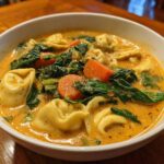 A close-up of a white bowl filled with One-Pot Creamy Tortellini Minestrone soup, featuring tortellini, spinach, and carrots.