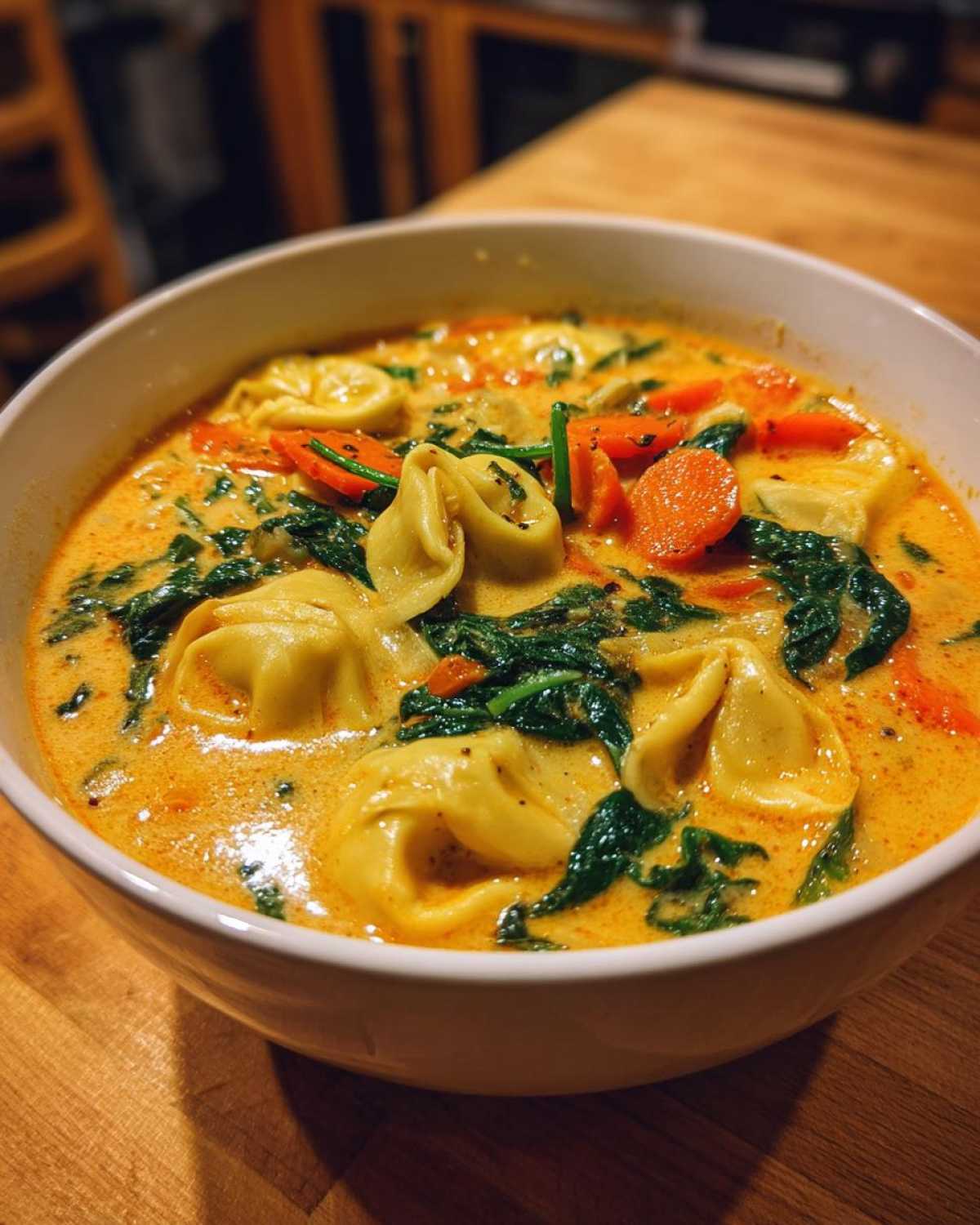 Close-up of One-Pot Creamy Tortellini Minestrone featuring tortellini, wilted spinach, and sliced carrots in a rich, orange broth.