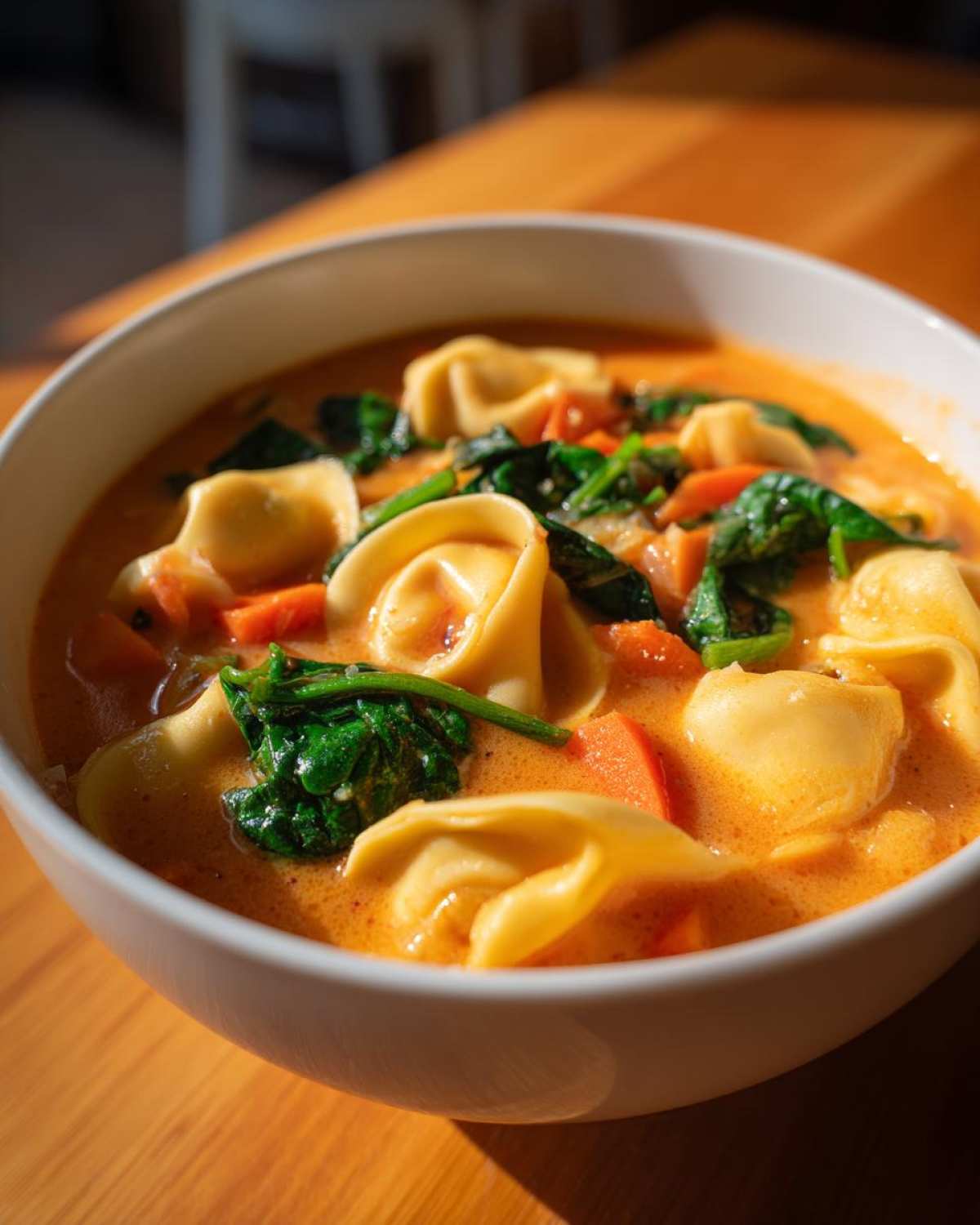 Close-up of a white bowl filled with One-Pot Creamy Tortellini Minestrone soup, featuring pasta, spinach, and carrots.