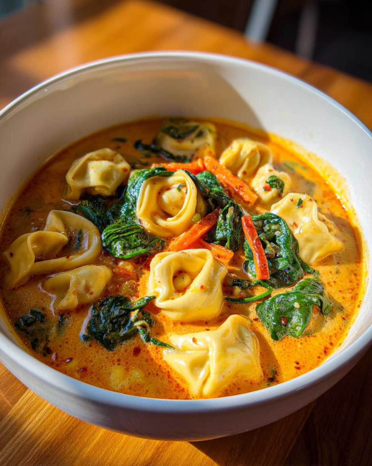 Close-up of a white bowl filled with One-Pot Creamy Tortellini Minestrone soup, featuring tortellini, spinach, and carrots in a rich broth.