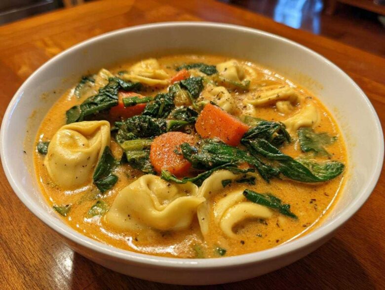 A close-up of a white bowl filled with One-Pot Creamy Tortellini Minestrone soup, featuring tortellini, spinach, and carrots.