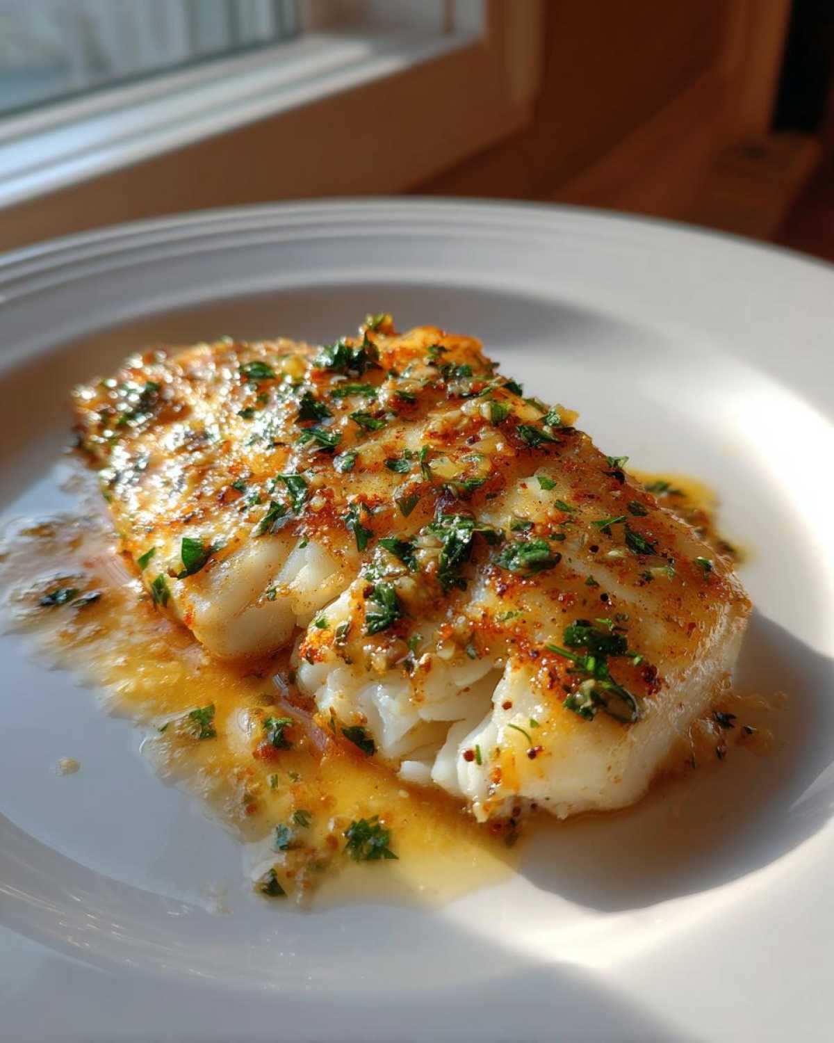 Flaky Pan-Seared Flounder brown butter lemon sauce drizzled over a white plate, garnished with parsley.