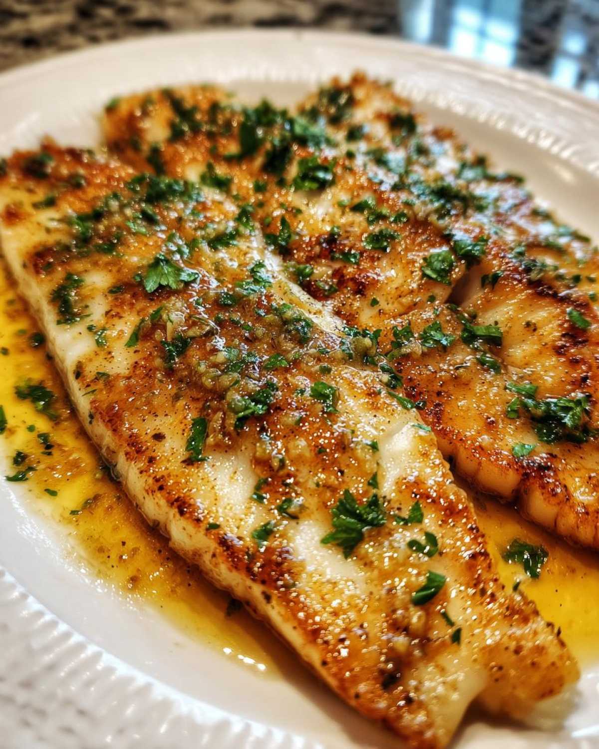 Close-up of two golden Pan-Seared Flounder fillets covered in brown butter lemon sauce and fresh parsley.