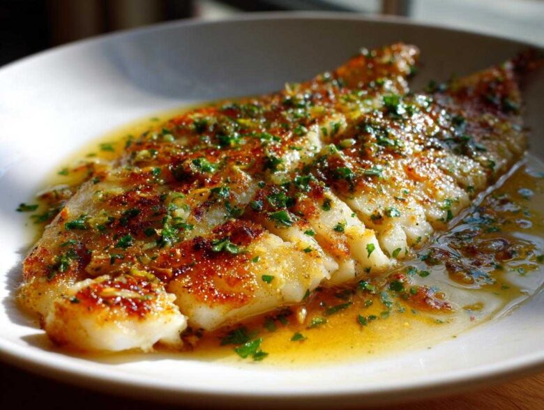 A close-up of a perfectly Pan-Seared Flounder Brown Butter Lemon served in a white dish with rich sauce.