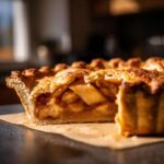 Close-up of a slice of apple pie showing the thick, gooey filling and flaky crust, illustrating perfect pie batter ratios.