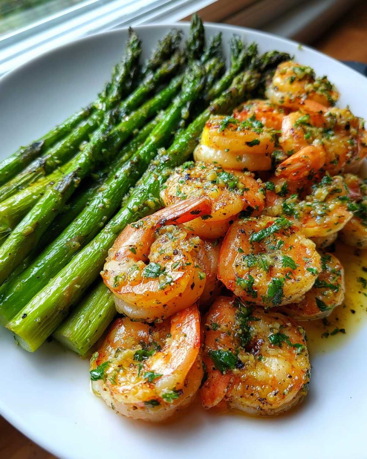 Close-up of Sheet Pan Crispy Garlic Butter Shrimp and Asparagus served on a white plate.